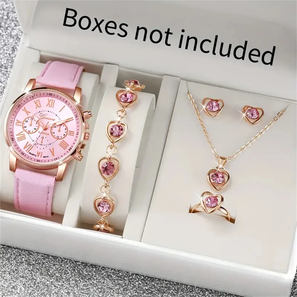 6PCS/Set Fashion Women's Quartz Watch Pink Color Leather Band Analog Wrist Watches Heart Rhinestone Jewelry Set(Without Box)