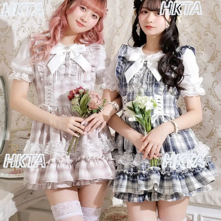 Japanese Sweet Cute Bow Short Sleeve Doll Collar Lace Fungus Lace Ribbon Slim Cake Lolita Pink Plaid Dresses Shorts Suits Women