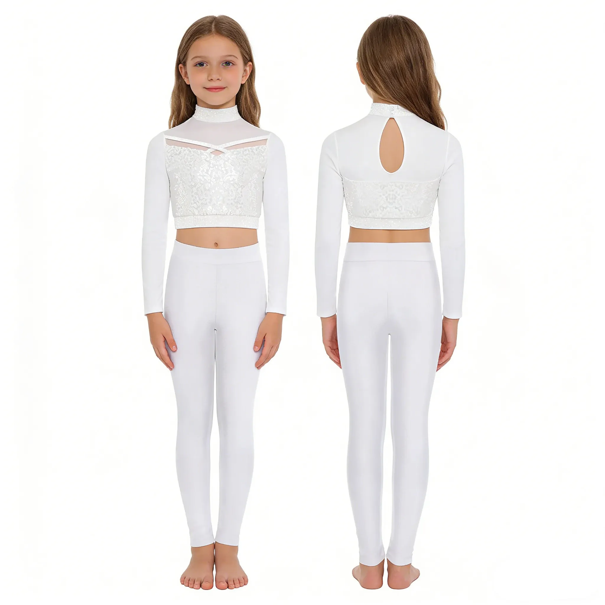 Kids Girls Figure Skating Gymnastics Ballet Dance Acrobatics Yoga Outfit Shiny Sequins Mesh Crop Top with Leggings Dancewear