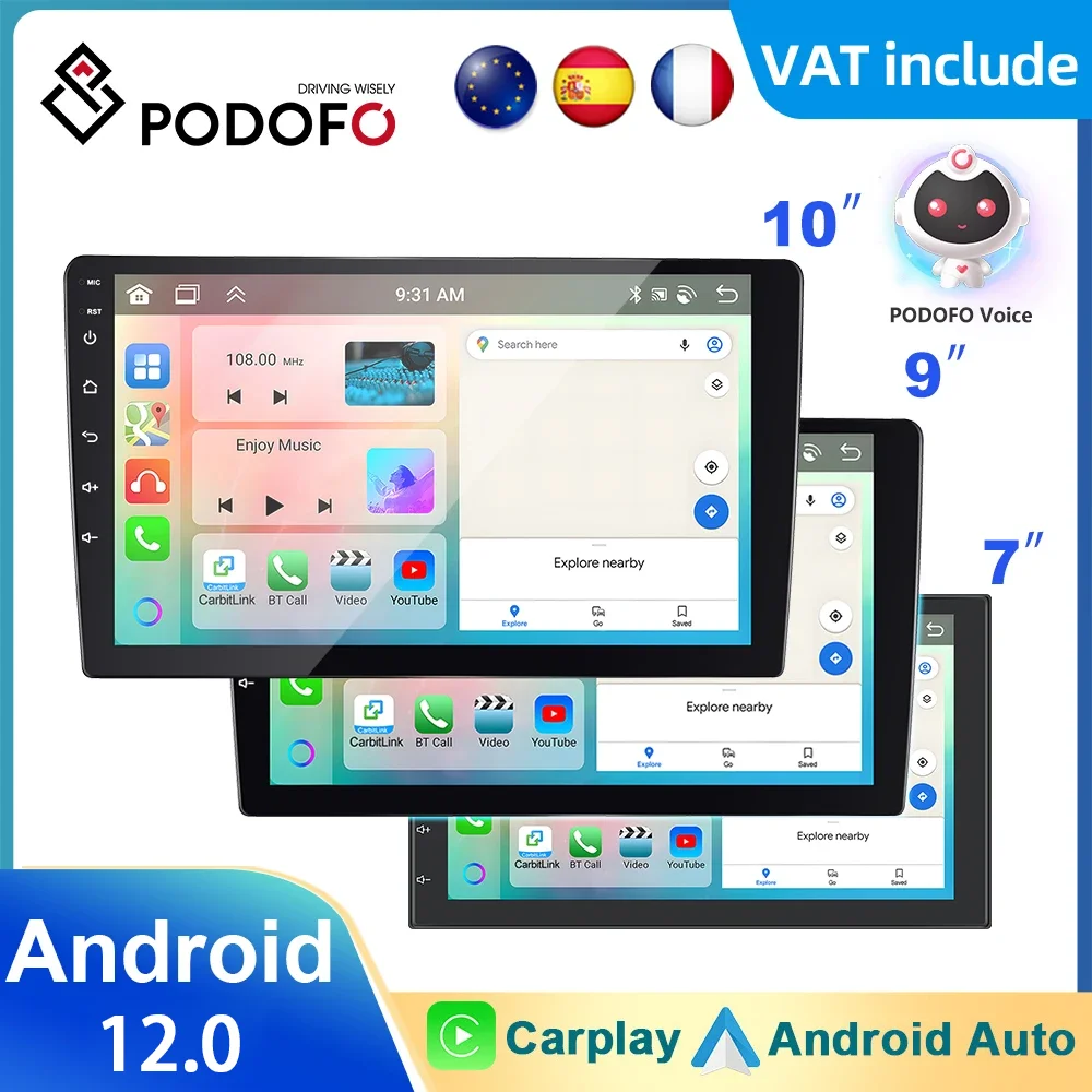 Podofo 2DINAndroid 4+64G 7/9/10'' Car Stereo Radio Wireless Carplay Android auto IPS Screen Bluetooth WIFI GPS Multimedia Player