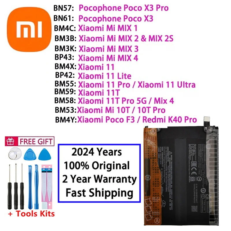 Fast Shipping 100% Original Battery For Xiaomi Poco X3 F3 Redmi K40 10T 11T Mi Mix 1 2 2S 3 4 11 Mi11 Lite Ultra Pro Batteries