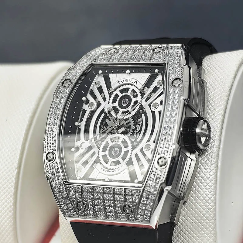 TVSILA Original Miyota Men's Automatic Mechanical Watch Stainless Steel Case Silicone Band Skeleton Waterproof Sport Wristwatch