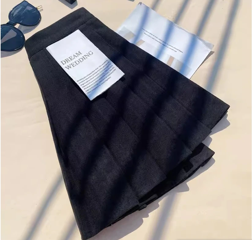 حجم كبير النساء خريف شتاء موضة الحد من العمر كلية الصوفية تنورة عالية الخصر ألف خط تنوعا بلون مطوي التنانير #5