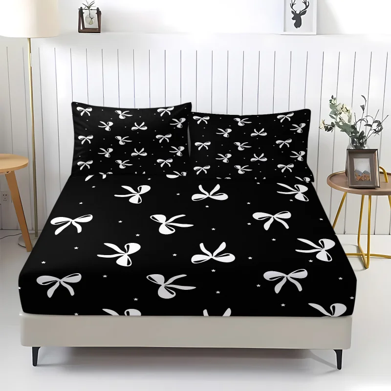 Girly Black White Bow Print Fitted Sheet Set Coquette Silhouette Ribbon Bedding Soft Pillowcases Aesthetic Home Decor All Sizes