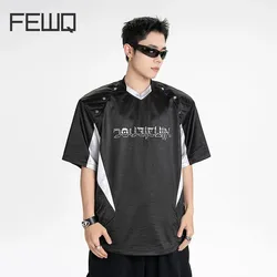 FEWQ Patchwork T-shirt High Printing Detachable Shoulder Pads Short Sleeves 2024 Contrast Color Male Tops New Fashion 24E1153