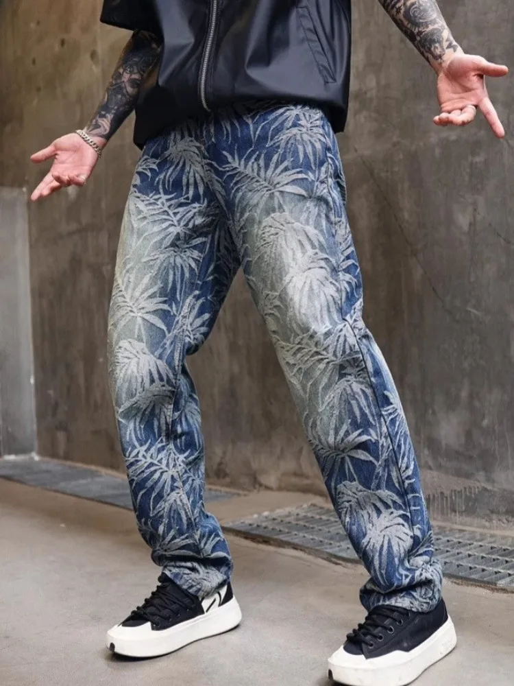 الهيب هوب خمر رجل الجينز فضفاضة تناسب مستقيم السراويل مصمم شارع العليا ربيع الخريف جديد الرجال المطبوعة عارضة الدنيم السراويل
