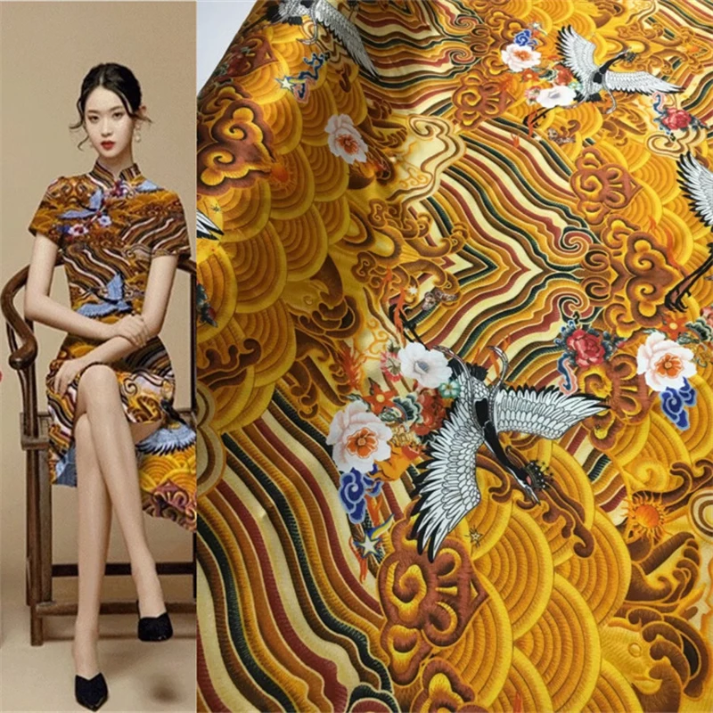 Wide Heavy Weight Chinoiserie Style Golden Yellow Bottom Auspicious Clouds Crane Printed Elastic Satin Silk Fabric By The Meter