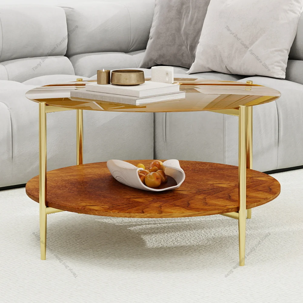 Luxurious Round Coffee Table with Gold-Tinted Tempered Glass Top Walnut Wood Storage Shelf Sturdy Gold Metal Legs Café Furniture