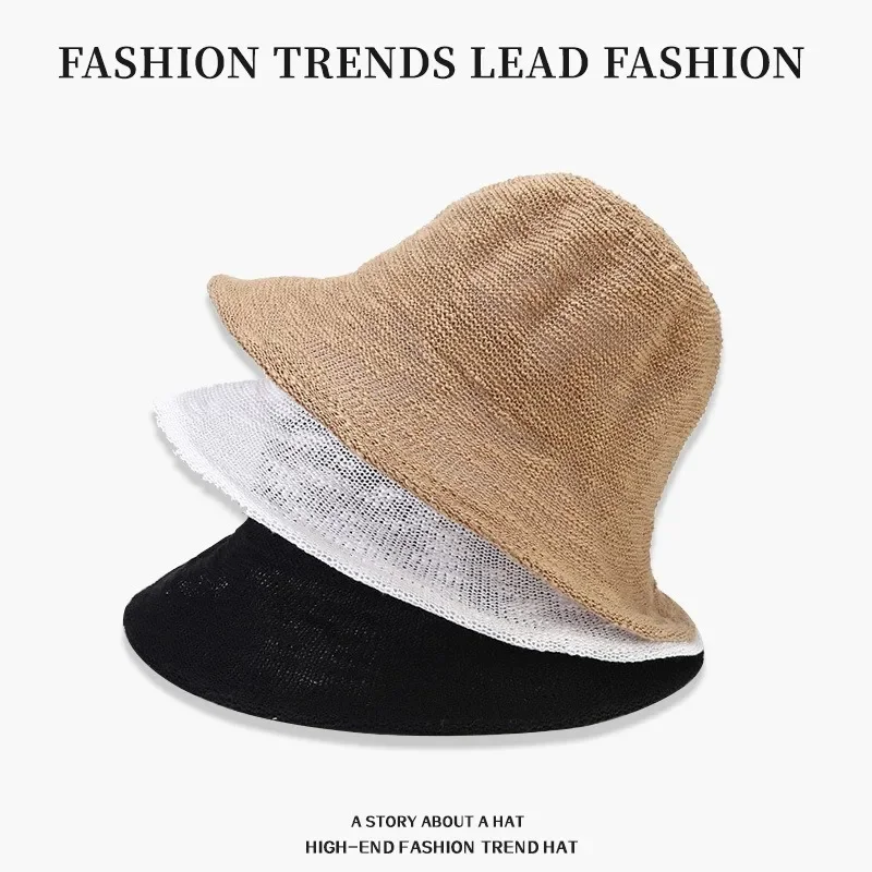 Women Spring Summer Mixed Yarn Bucket Hat, Korean Thin Cotton Knit Ruffle Edge Foldable Breathable Outdoor Sun Fisherman Cap