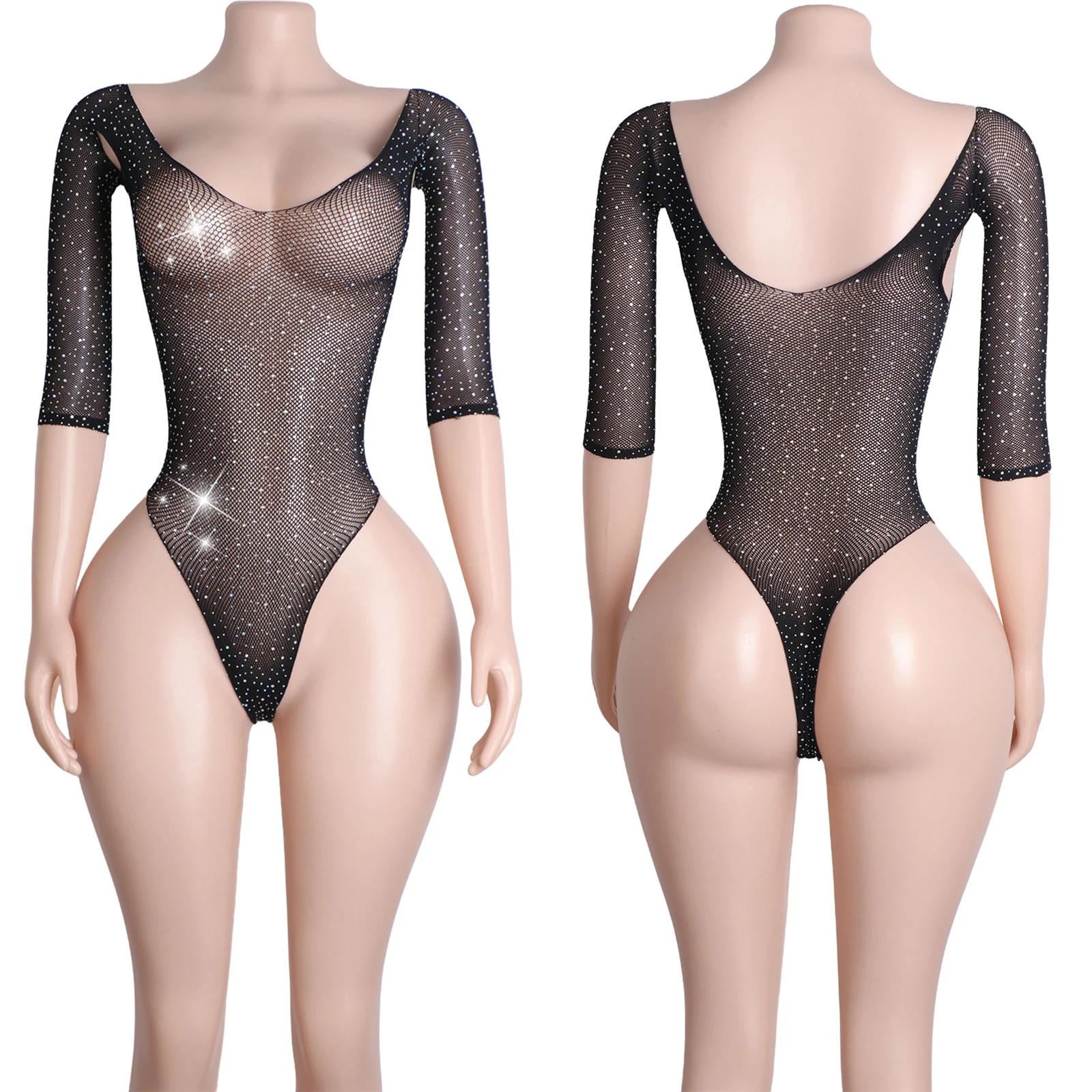 Adult Rhinestone Thong Bodysuit with Hollow out Sleeves for Gymnastics Leotard Club Performance Wear Exotic Dance Costume