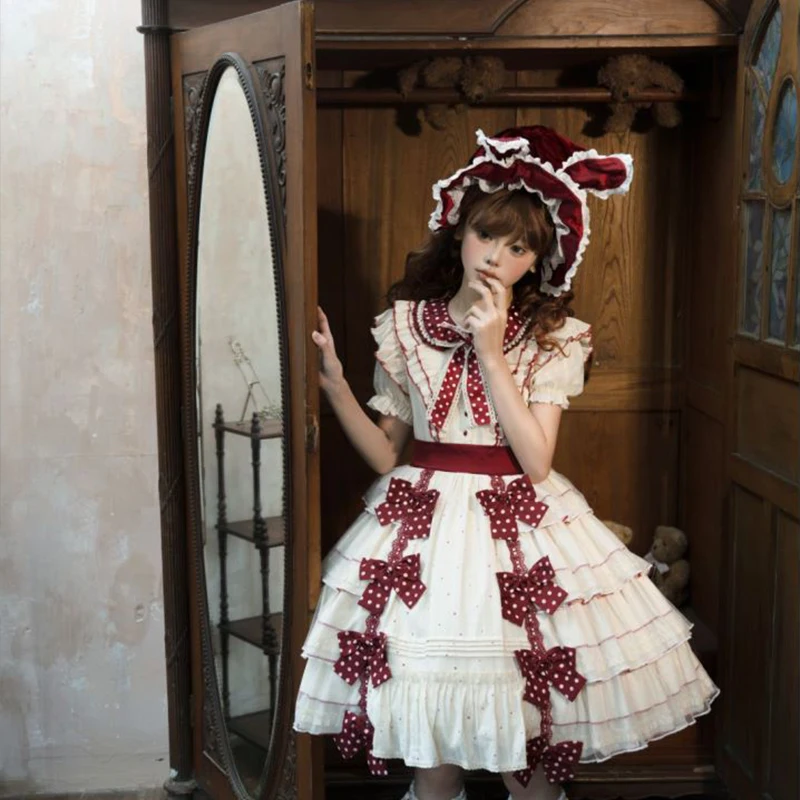 2025 novo verão japonês bonito lapela arco cintura fina pequena mosca mangas em camadas vestido fofo para mulher