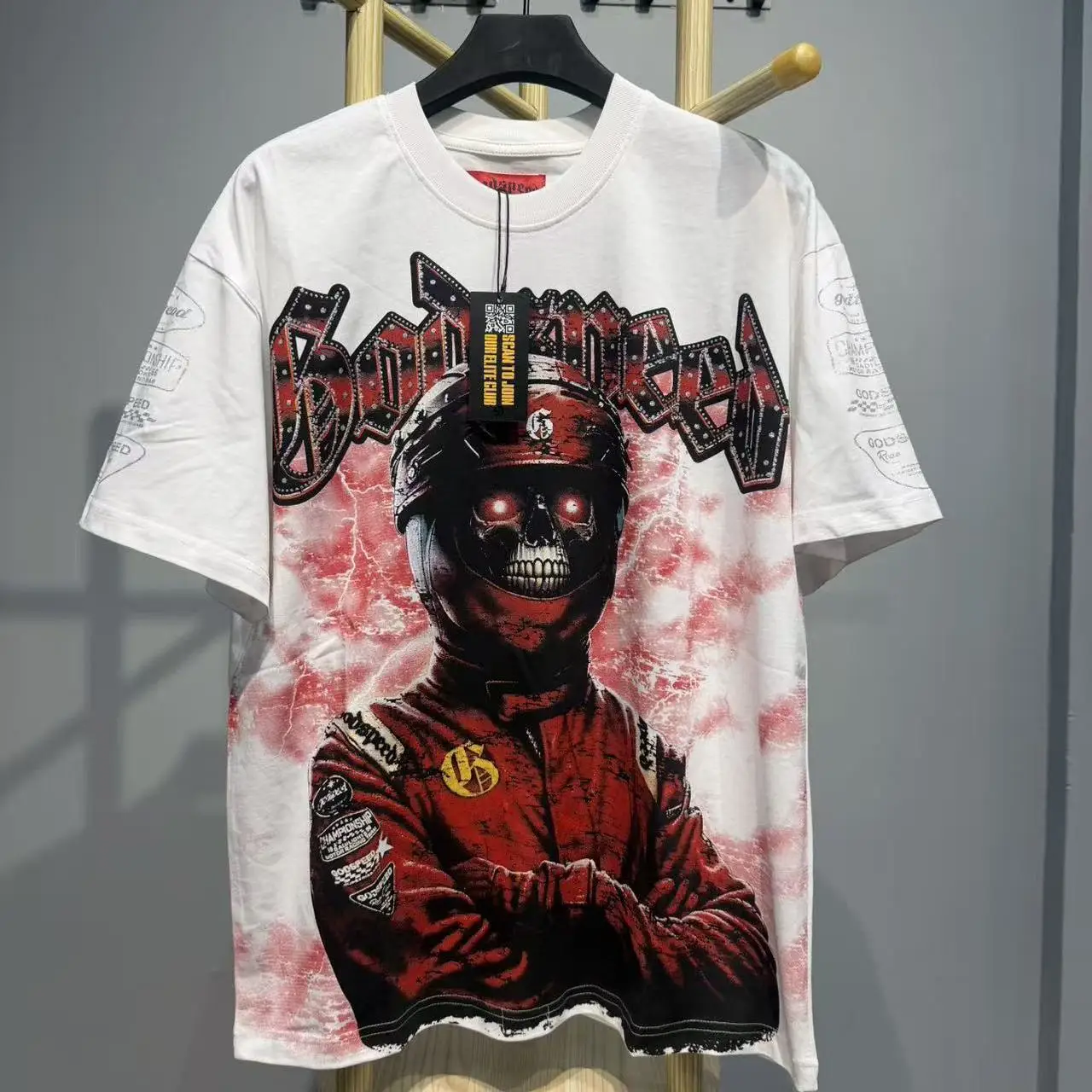 Godspeed Motorcycle Skeleton Rider Ins Style Retro High Street Hip Hop Loose Casual Pure Cotton Short Sleeve T Shirt