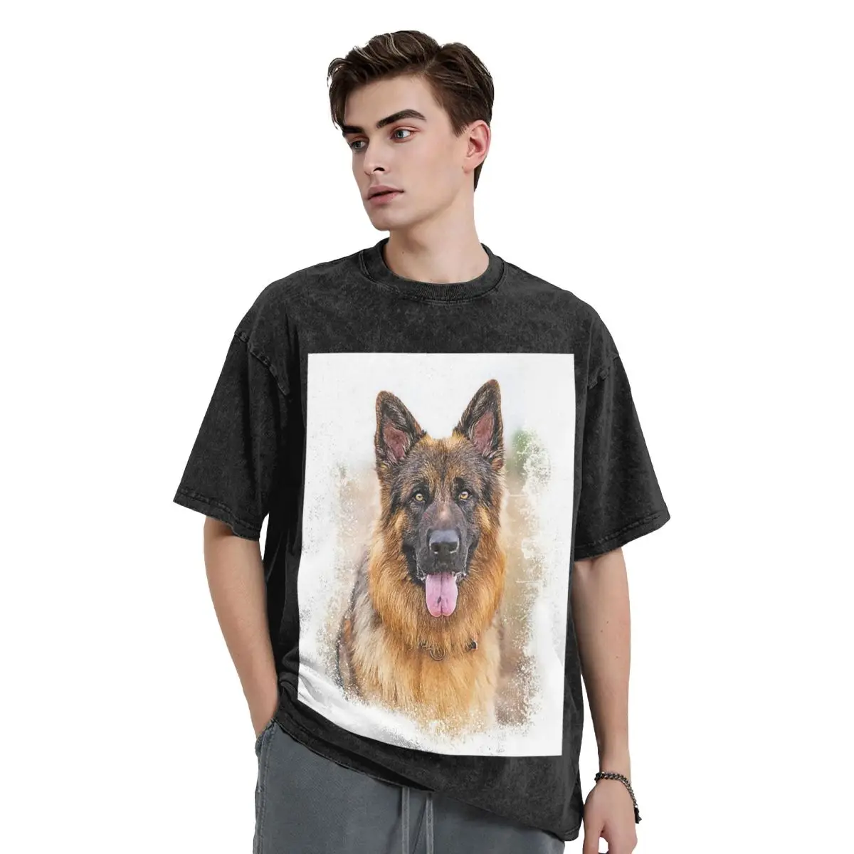 

German Shepherd Dog Washed T Shirts Oversized Short Sleeve Hip Hop T-Shirt Streetwear Tops Tees for Men Women