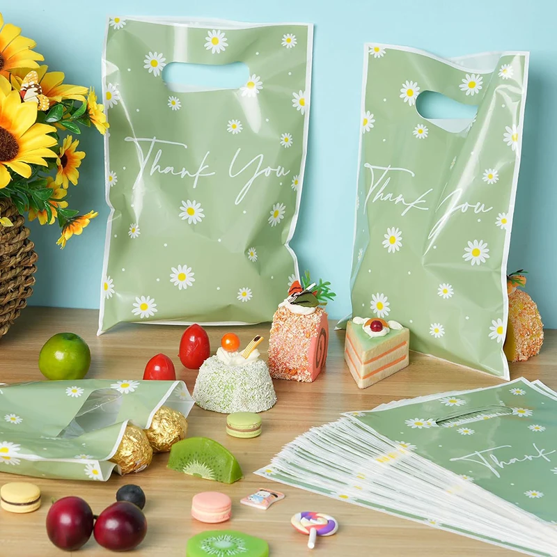 50/100pcs Green Daisy Thank You Tote Gift Bags Plastic Candy Cookie Packaging Bag For Wedding Birthday Party Favors