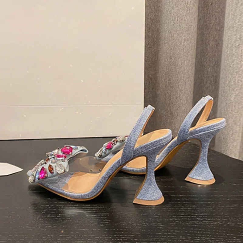 Mules bleues à talons hauts pour femmes, style étrange, sandales d'été, mode, cristal, denim, nœud papillon, pointu, Parker, chaussures de soirée, escarpins