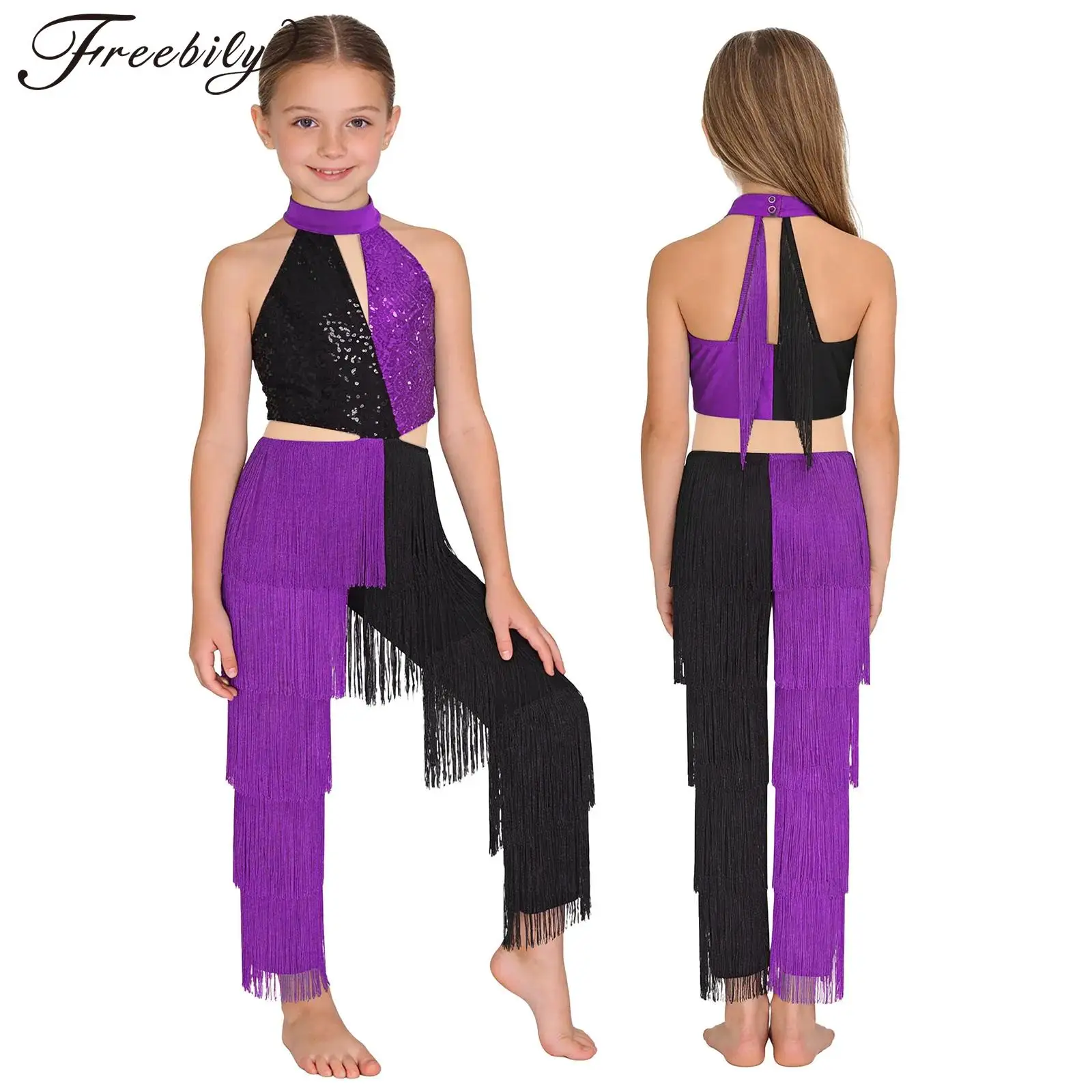 Girls Modern Latin Jazz Dance Jumpsuit Halter Sleeveless Shiny Sequin Tassel Bodysuit for Ballroom Tango Salsa Samba Dancing