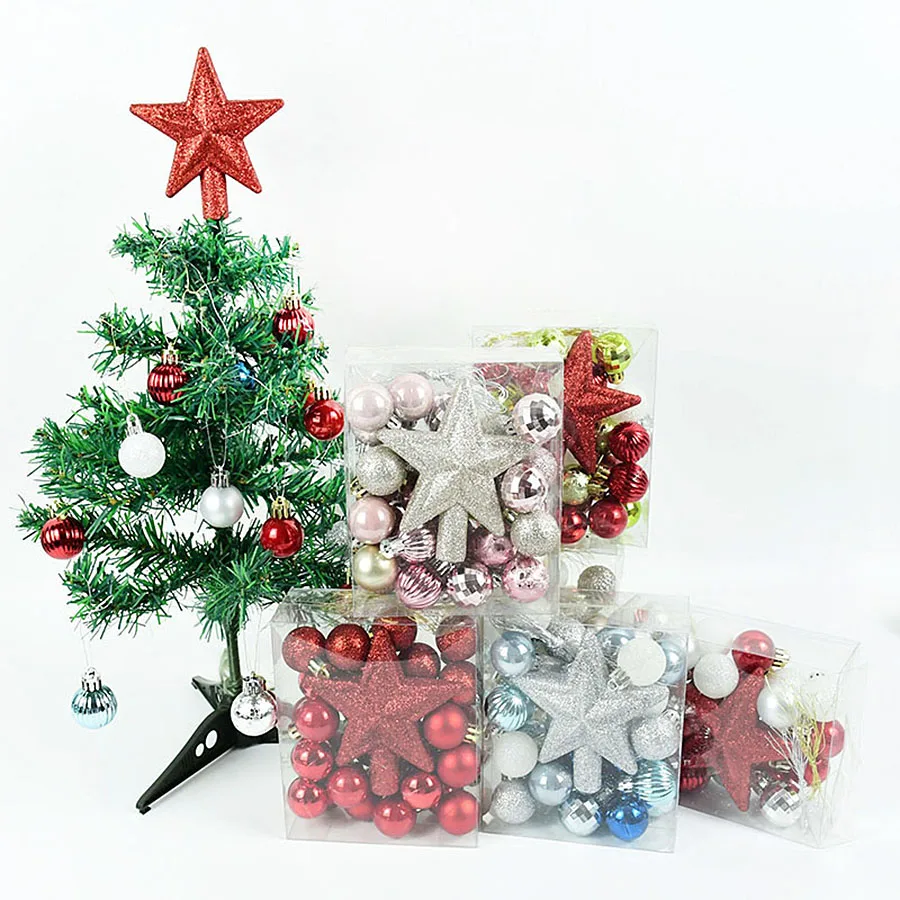 Assorted Plastic Glitter Christmas Baubles Set Star Tree Topper Xmas Tree Hanging Ornaments Home Party Decoration Supplies