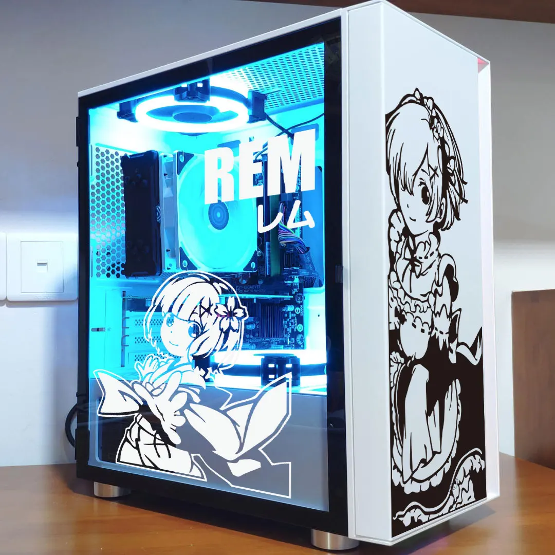 Rem Anime PC Stickers,Cute Vinyl Decor Decals for ATX Gaming Computer Chassis,Waterproof Easy Removable Hollow Out Decal