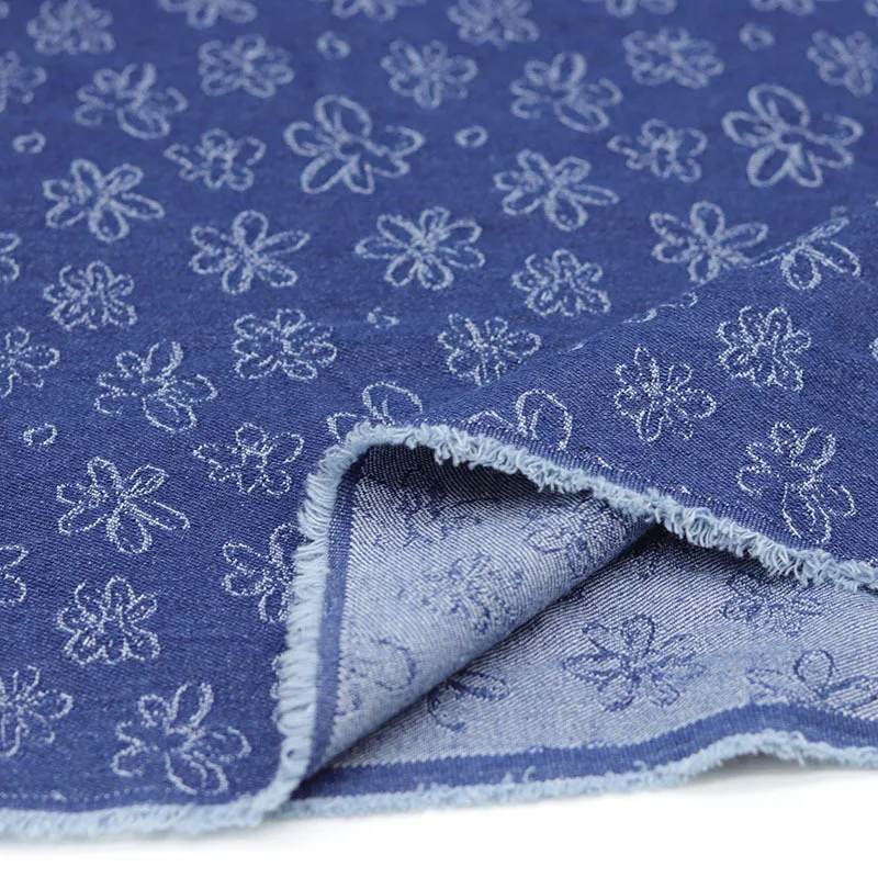 Floral Jacquard Washed Denim Fabric for DIY Jackets Jeans Handbags Crafts Sewing Material