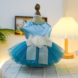 1PC Pet Clothing Cat Spring/Summer Blue Tank Top Bow Princess Dress Traction Buckle Suitable for Small and Medium sized Dogs