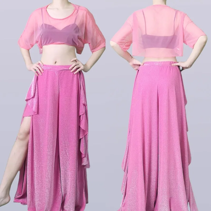 customized belly dance costumes practice outfit Oriental dance elegant mesh top lace wide leg pants set versatile