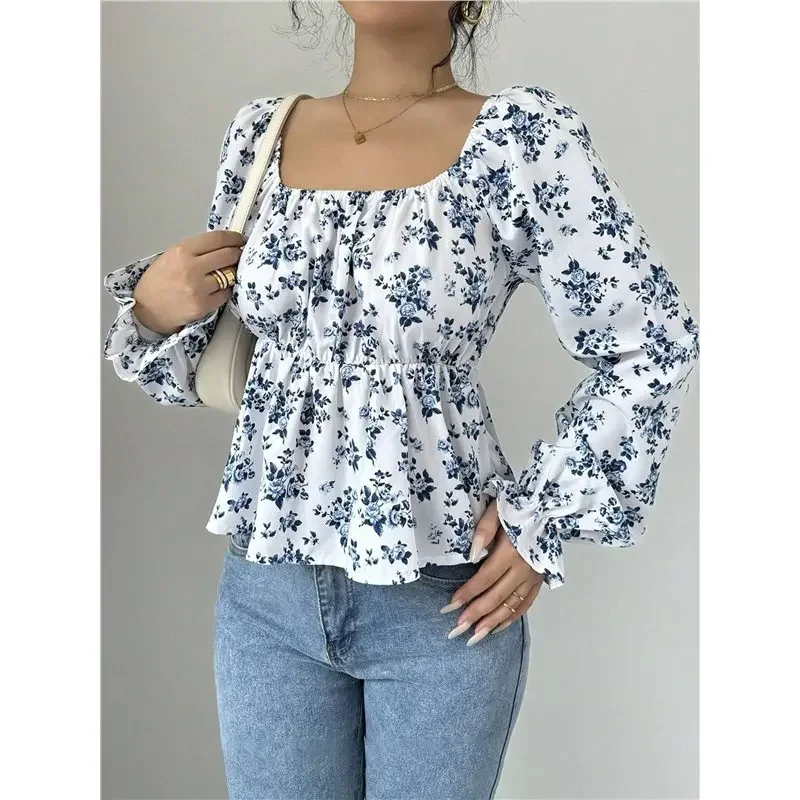 

Long Sleeve Shirts Square Neck Peplum Tops Blouses Women's Boho Floral