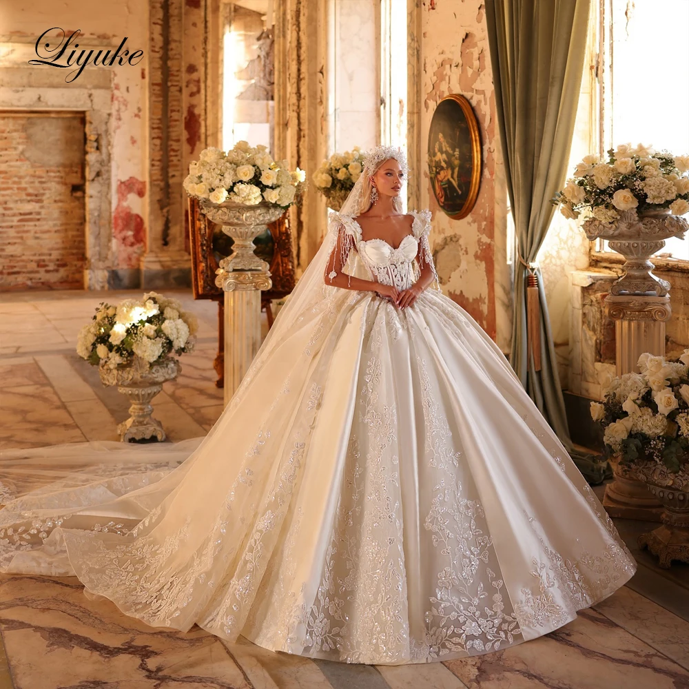 Liyuke Custom Made Exquisite Embroidery Lace Ball Gown Wedding Dress Sleeveless Beading Pearls Appliques Princess Bridal Gowns