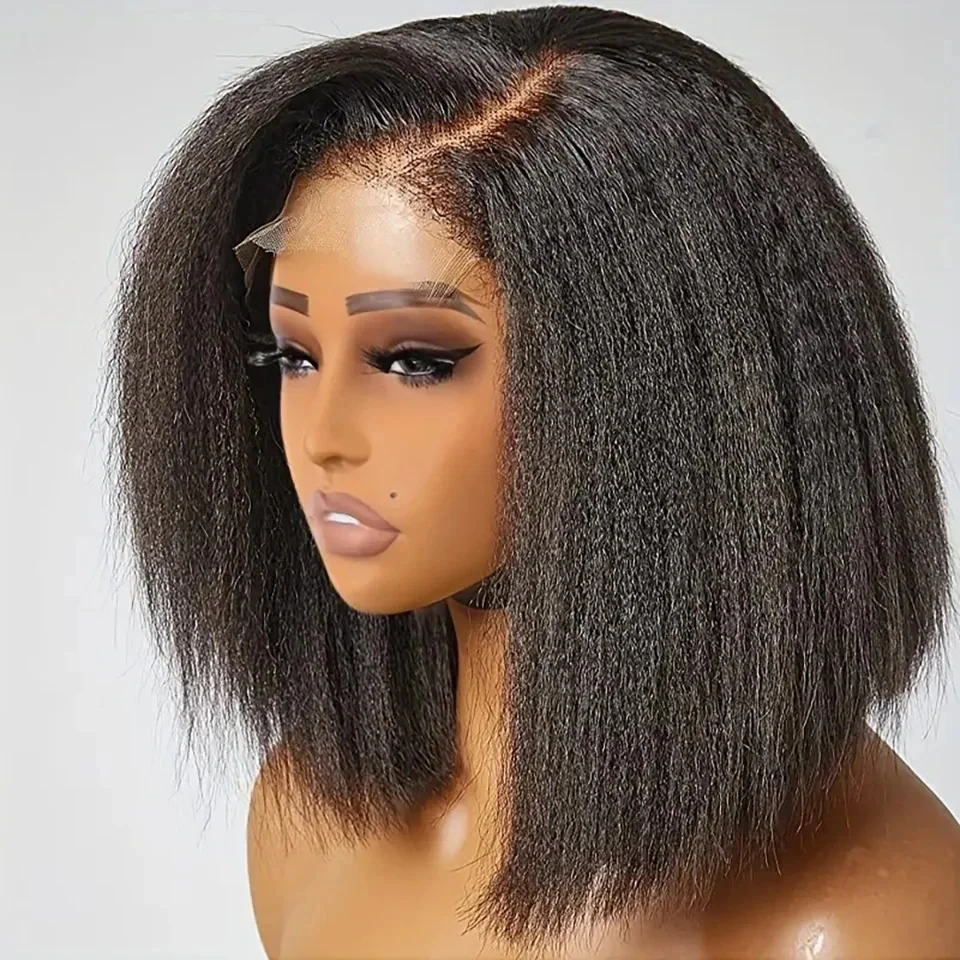 Sleek-Brazilian Kinky Straight Bob Perucas para Mulheres Negras, Lace Front Part, Pré Arrancado, Curly, Cabelo Humano Curto