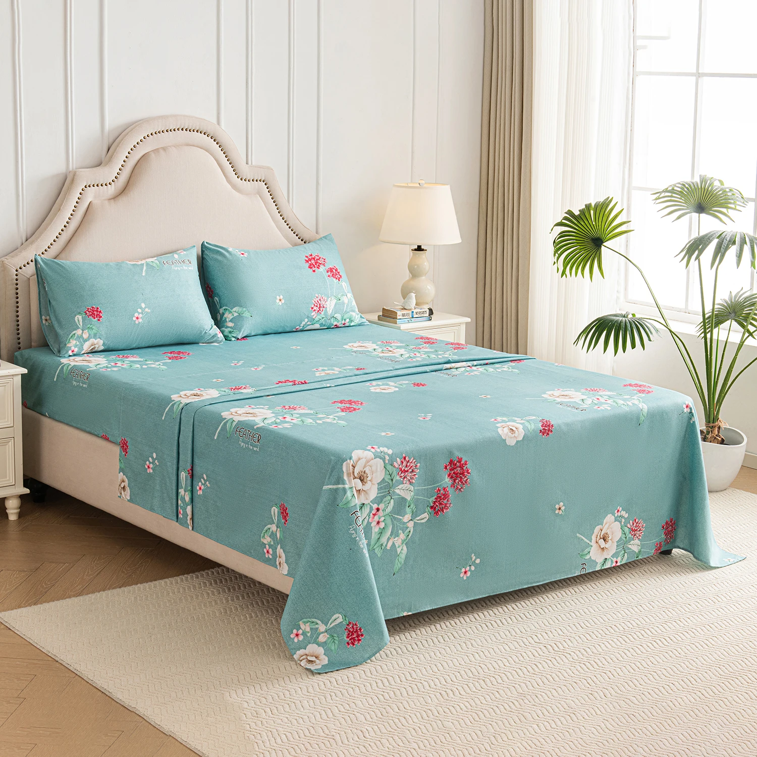 ملاءات قطنية ببطانة وأغطية وملاءة ، سرير فاخر في غرفة نوم ، حقيبة لجميع المواسم ، كينج أند كوين ، 4 line