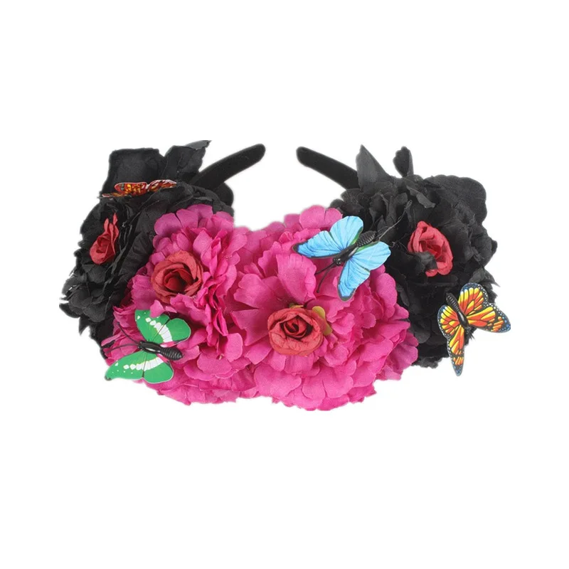 Halloween Simulation Colorful Peony Flower Headband Fairy Butterfly Mexican Crown Cosplay Day of The Dead Headpiece