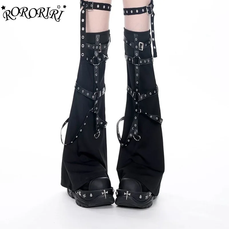 

RORORIRI Solid Leg Warmers Women with Leather Harness Goth Retro Black Thigh Long Socks Boots Cover Dark Punk Grunge Streetwear