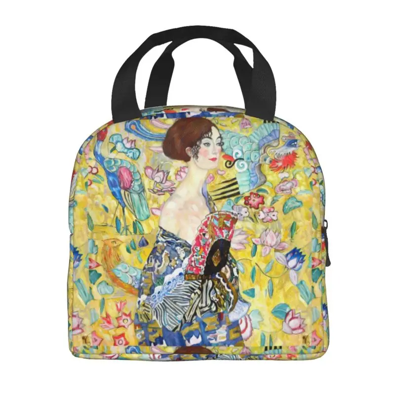 Japanese Fan Lady Portable Lunch Box for Leakproof Gold Gustav Klimt Symbolism Cooler Thermal Food Insulated Lunch Bag Kids