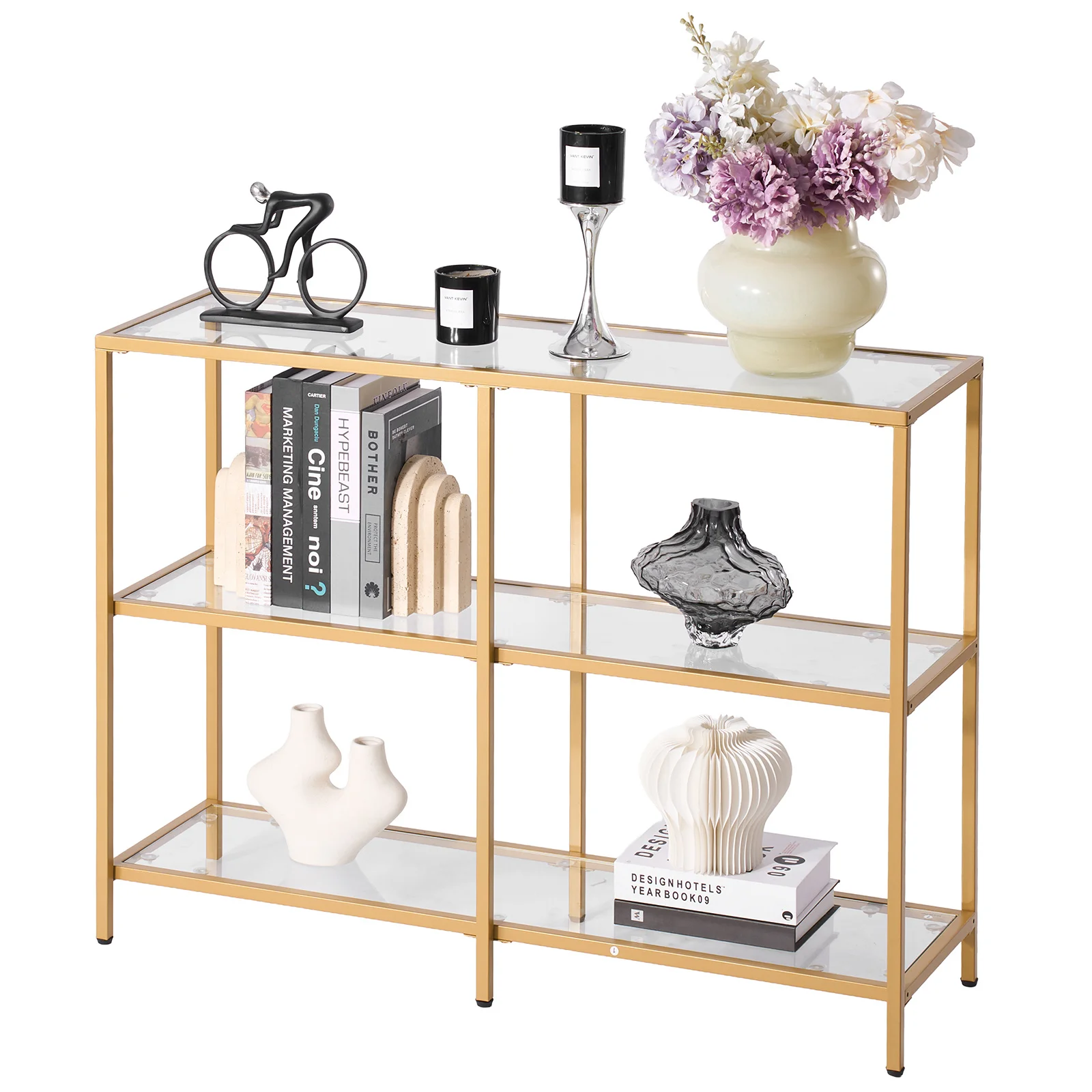 

3-Tier Glass Console Table Rectangle Sofa Side Table with Anti-Tip Golden/Black