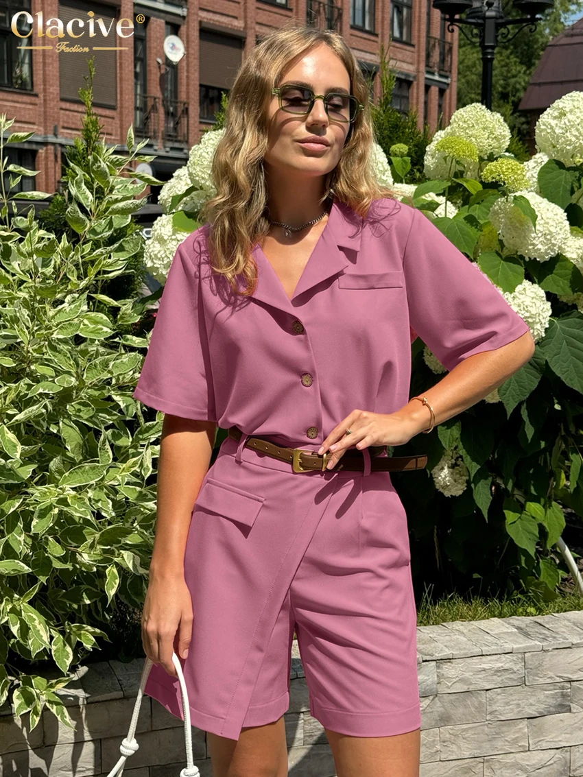 Clacive été ample rose 2 pièces ensemble pour femme 2025 mode chemise à manches courtes avec taille haute Shorts ensemble femme Streetwear