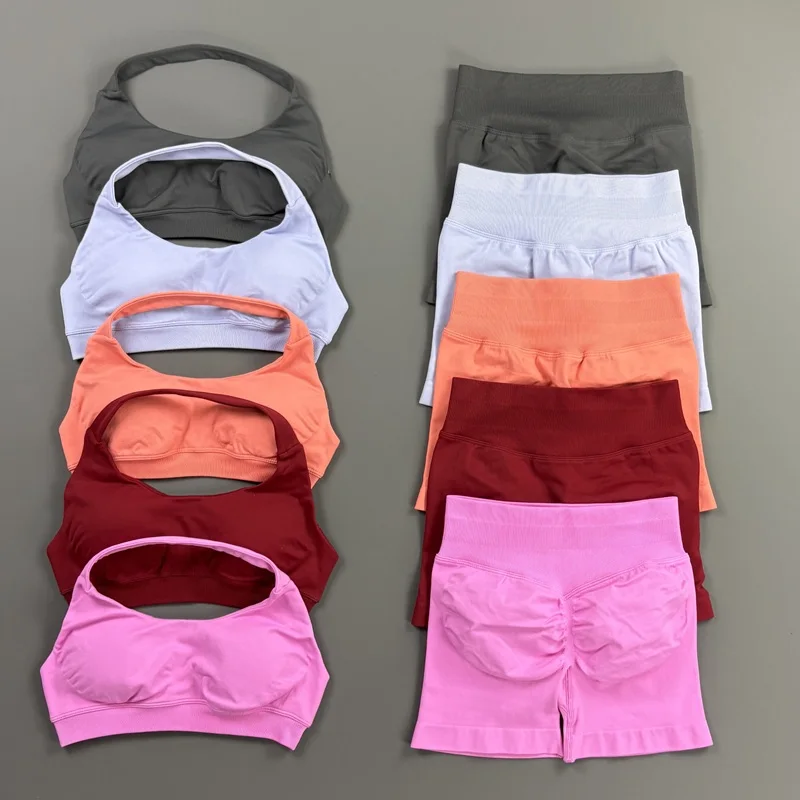 2-teiliges HISTELLO Impact Gym Set für Damen, Sport-BH und Shorts, offener Rücken, Scrunch-Butt, nahtloses Workout-Jogging-Sport-Trainingsset – Detail 10