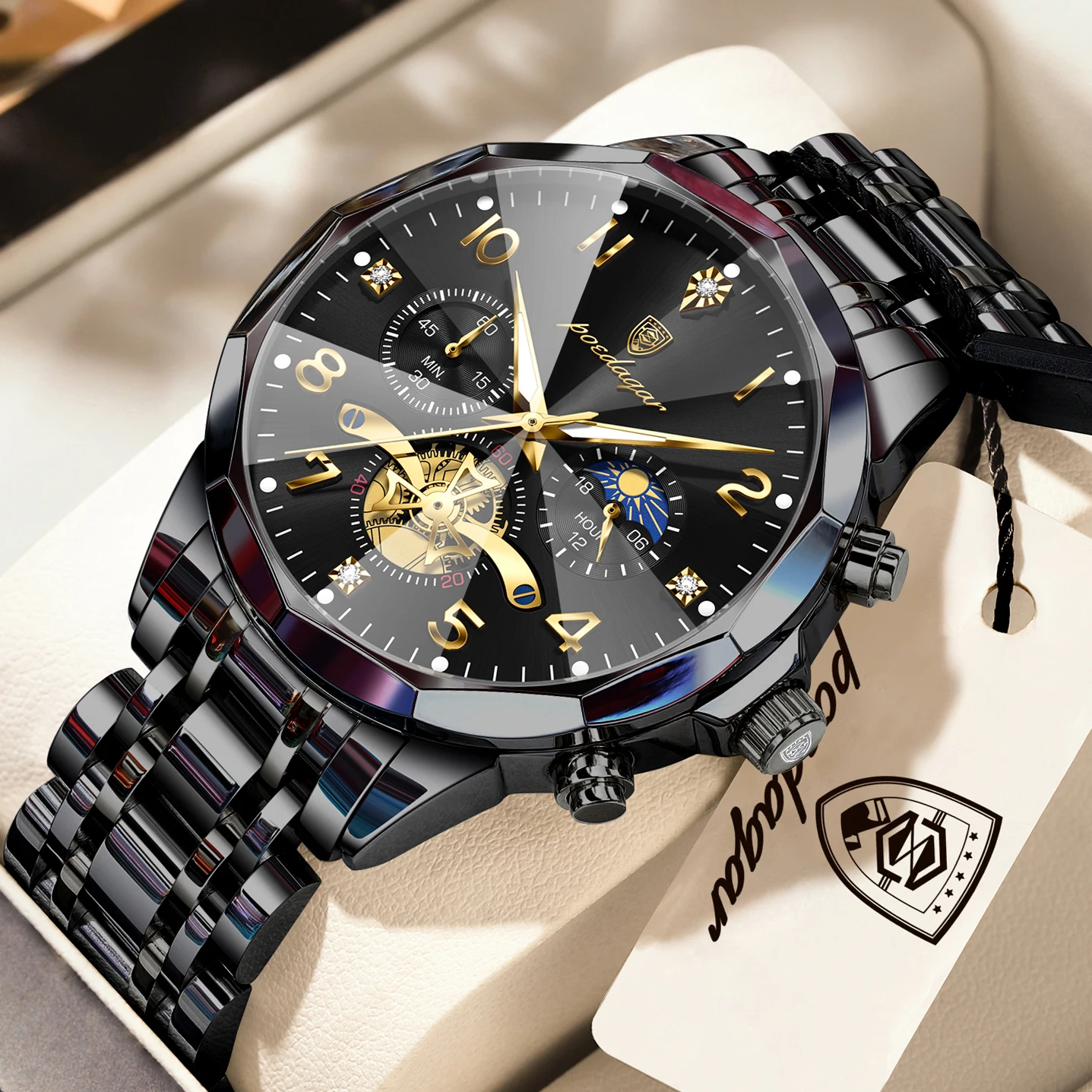 POEDAGAR Luxury High Quality Man Wristwatch Chronograph Stainless Steel Quartz Men's Watches Waterproof Luminous Men Clock Reloj
