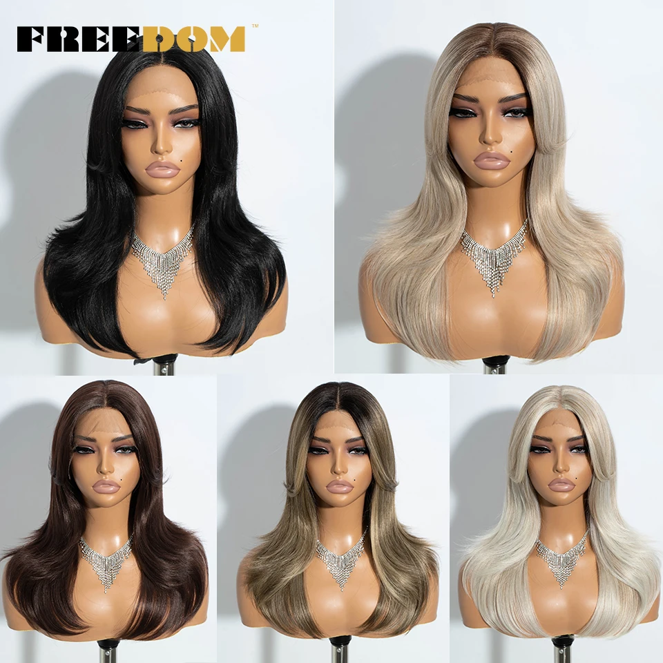 FREEDOM Synthetic Lace Front Wig Straight Ombre Blonde Brown Lace Wigs For Women 20 Inch Lace Wig With Bangs Cosplay Lace Wig