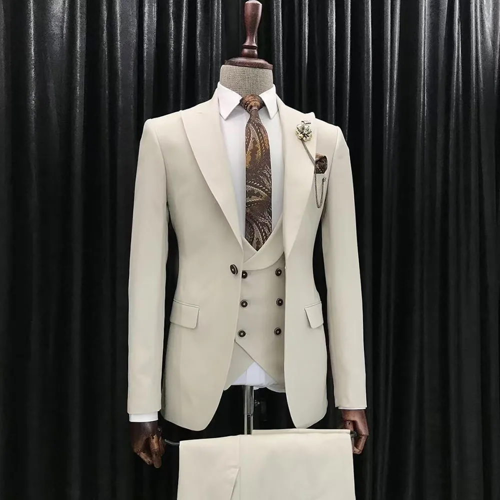 Elegant Beige Men Suits Wedding 3 Piece Jacket Pants Vest Male Clothing One Button Peak Lapel High Quality Male Clothing Terno