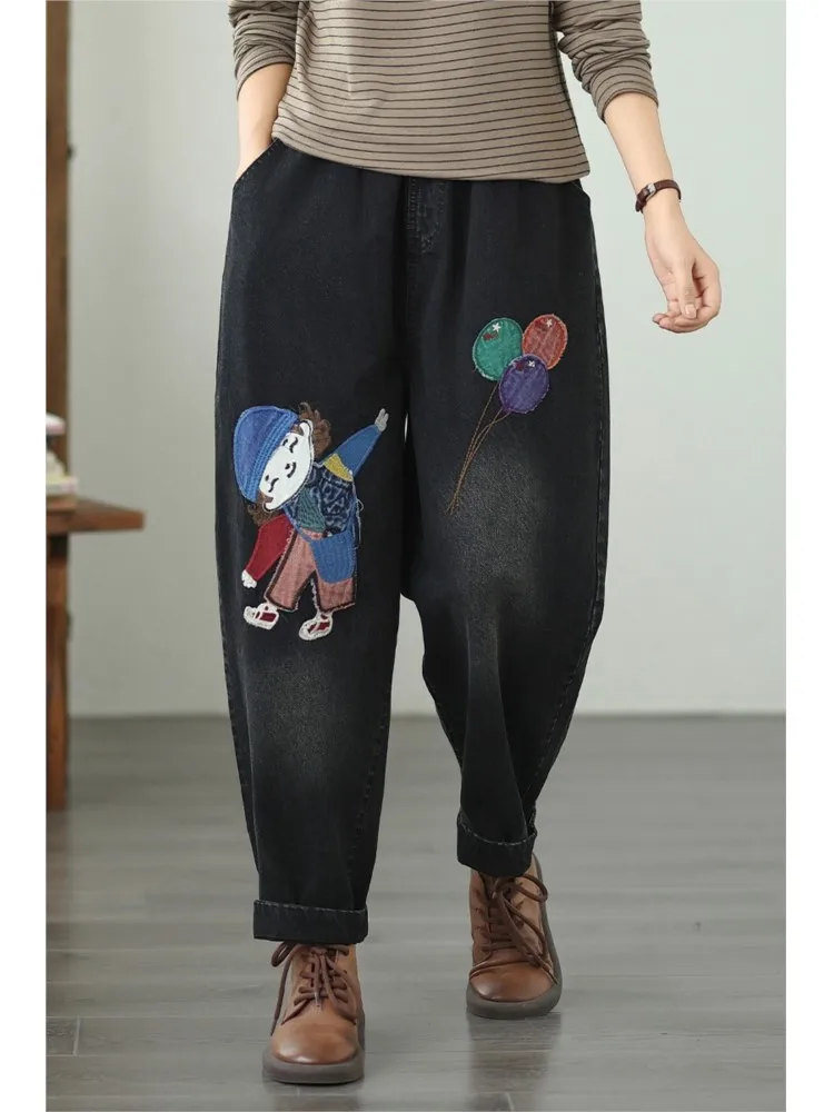 Oversized Jeans Retro Autumn Pant Women Cartoon Embroidery Fashion Ladies Harem Trousers Loose Casual Woman Harem Pants