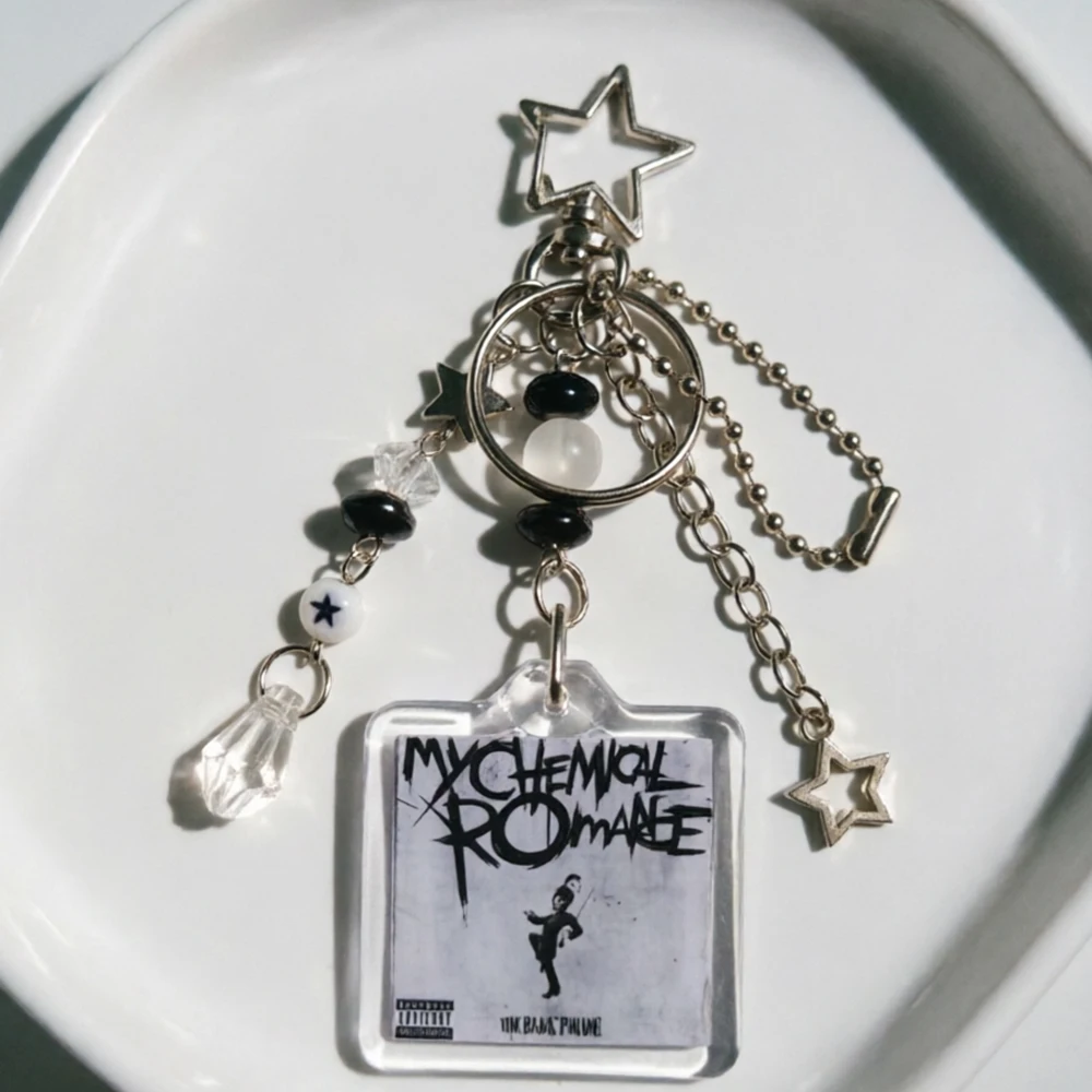 MCR Album Cover Beaded Keychain White Black Star Charm Emo Punk Y2K Aesthetic Bag Accessory My Chemical Romance Fans Gifts