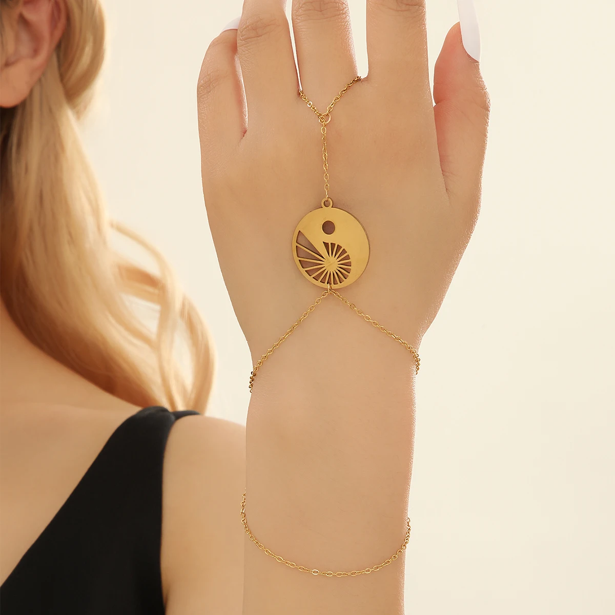 QIAMNI Fashion Fibonacci Ying Yang Finger Ring Link Chain Bracelets & Bangles For Women Girls Gift Party Stainless Steel Jewelry