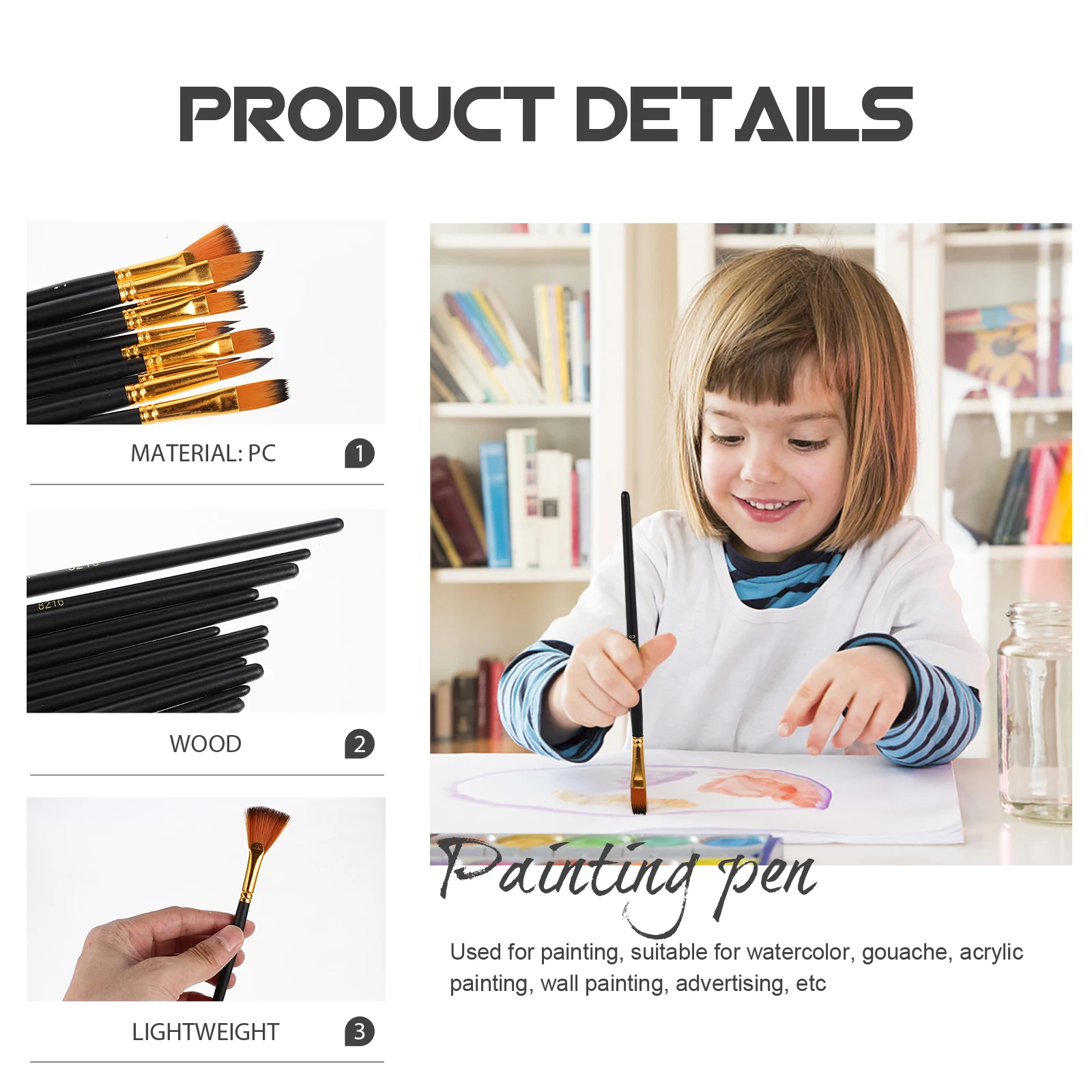 

12pcs Painting Brush Set For Watercolor Oil Acrylic Students Durable Nylon Hair Art Supplies Lightweight Portable Easy Grip