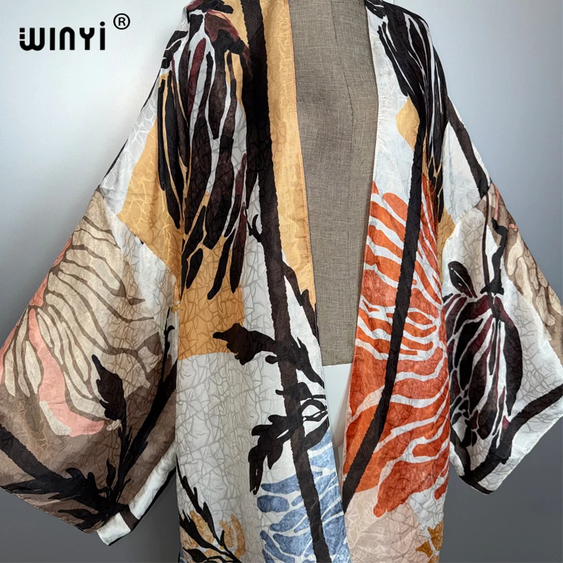 WINYI أفريقيا أنيقة كيمونو فساتين طويلة للمرأة بالأزرار ملابس الشاطئ قفطان الشاطئ التستر فستان الحفلات مثير ماكسي معطف #5