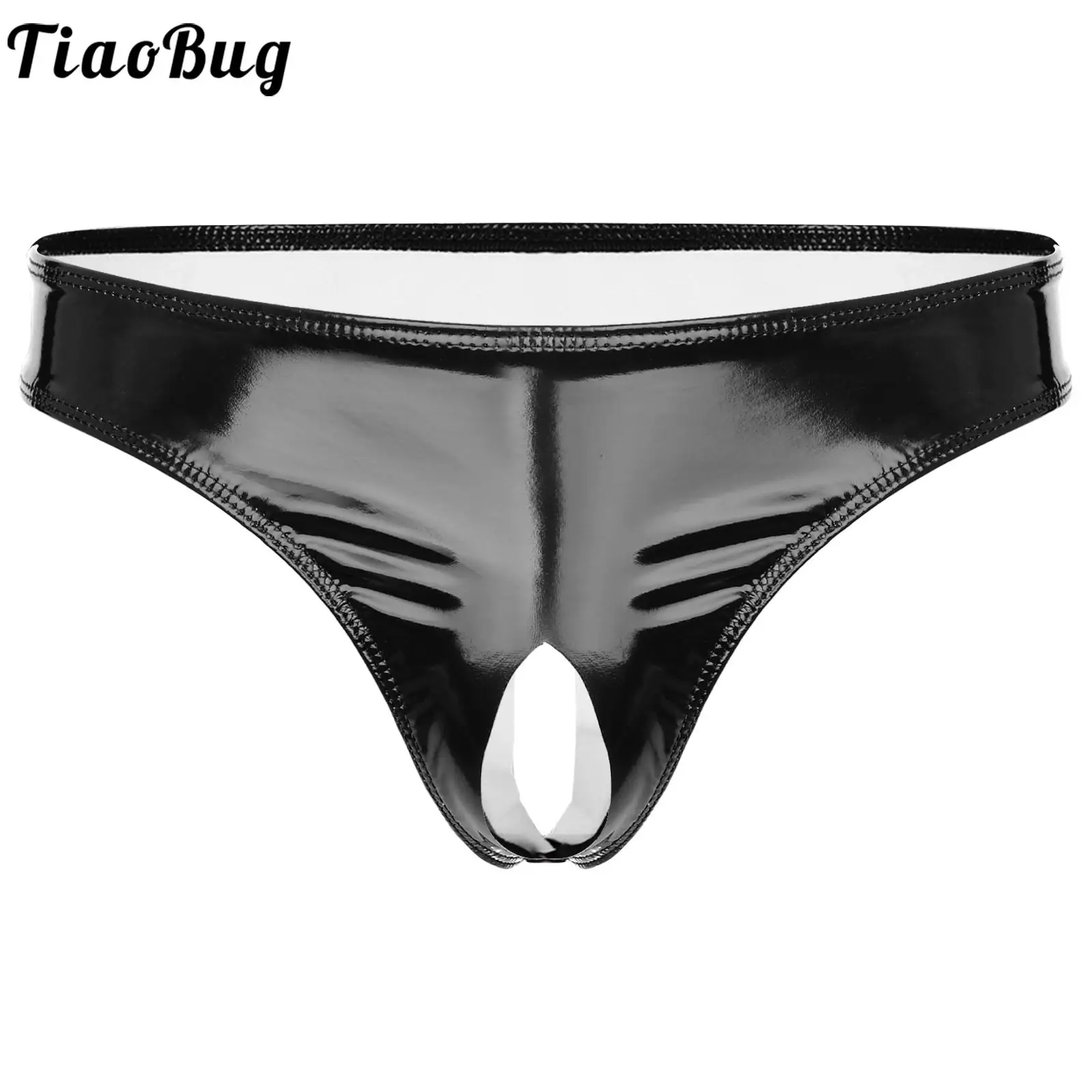 Lencería Sexy para hombre, bragas de entrepierna abierta, Wetlook, tangas de cuero de látex sin entrepierna, calzoncillos de cintura baja, ropa