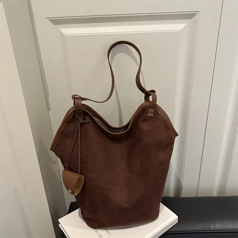 Vintage Women's Suede Shoulder Bags Solid Color Simple Ladies Large Capacity Casual Tote Autumn Portable Female Bucket Handbags
