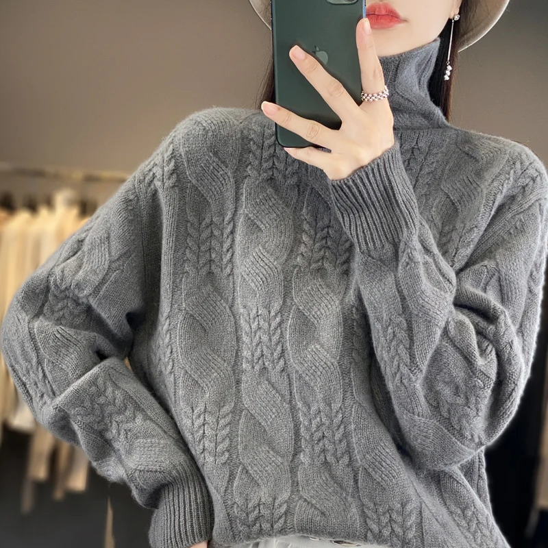 Women Jumpers LOOSE Winter Thicker Warm Turtleneck Pullovers 100% WOOL Knitting Soft Warm Full Sleeve Sweaters YL01