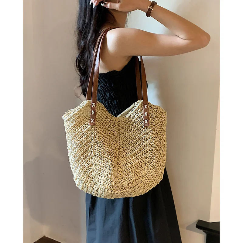 

Женская сумка, плетеная пляжная сумка для отдыха у моря, вместительная сумка-тоут через плечо, новинка 2024