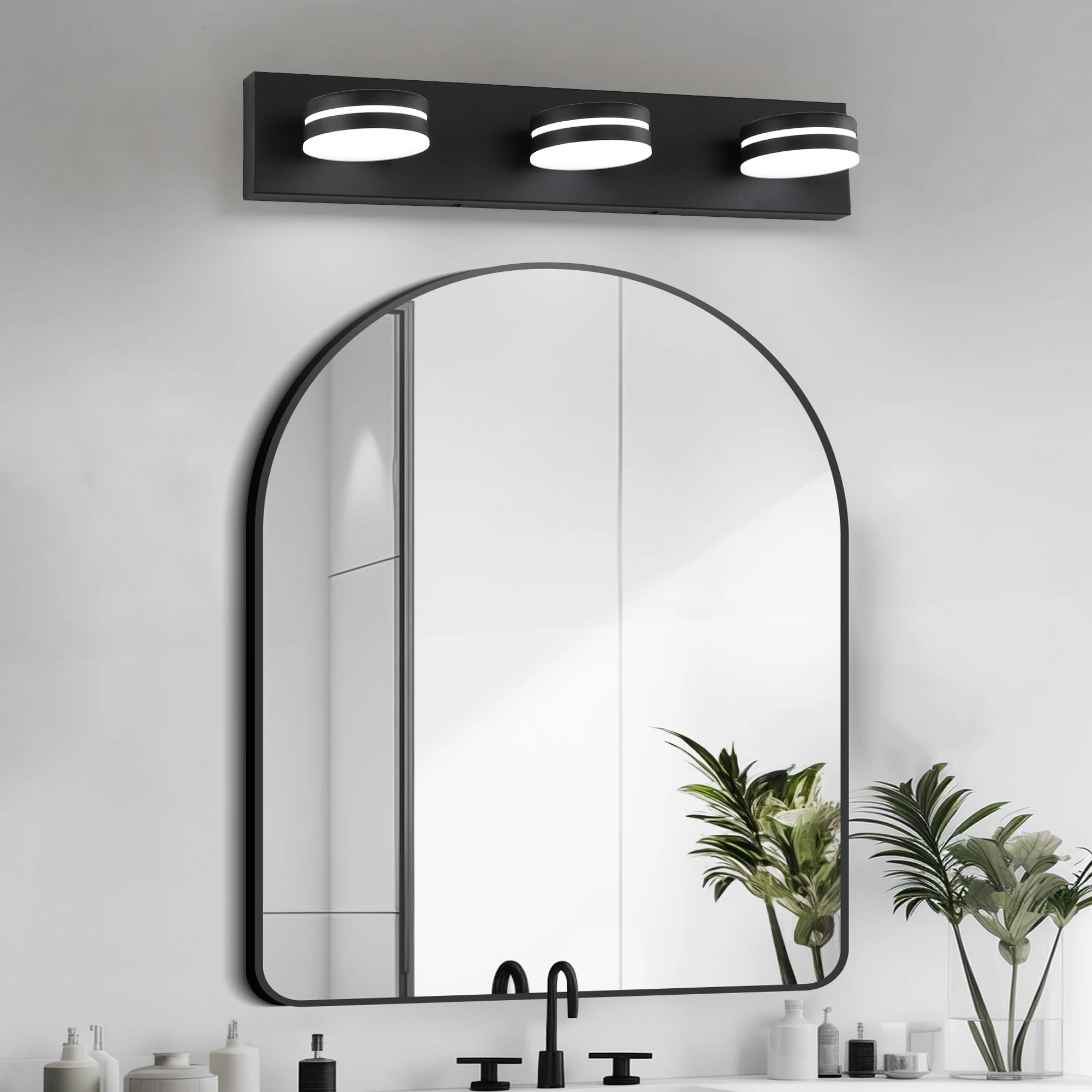 23.6in 3-Light Black LED Vanity Light Fixture over Mirror with Dimmable 5500K Lamp and 270° Rotatable Head Acrylic Lampshade