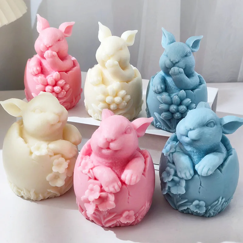 Large 4inch Flower Easter Egg Rabbit Candle Soap Silicone Molds 3D Bunny Aromatherapy Plaster Ornament Mold