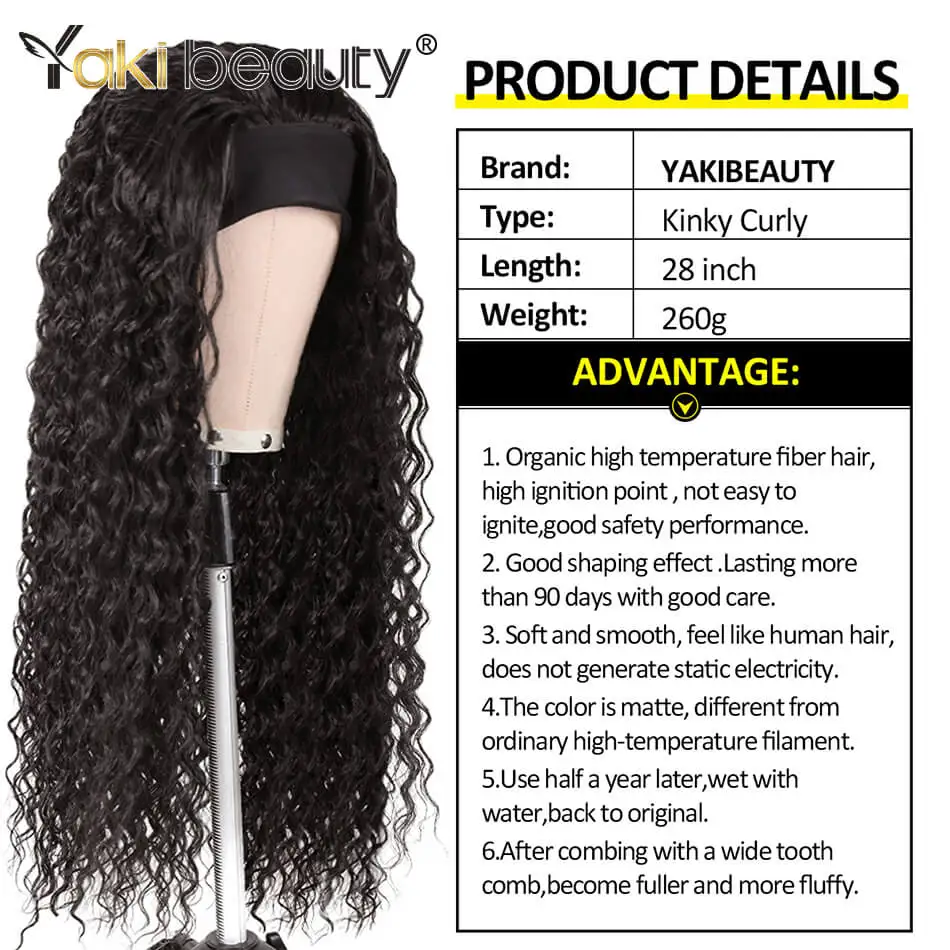 Synthetic Kinky Curly Headband Wigs for Black Women Long Deep Wave Wig With Headband Attached Afro Curly Organic Headband Wig